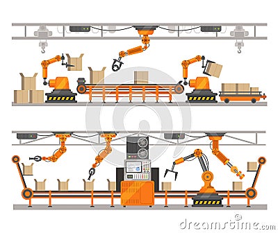 Robotic arm factory vector illustration, robot technology of production assembly on conveyor belt. Robotics concept. Vector Illustration