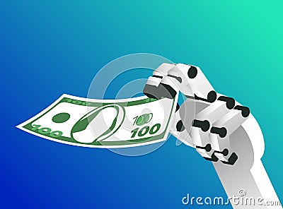 Robotic arm is holding 100 dollar bill. on blue gradient background. vector illustration Vector Illustration