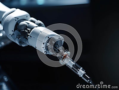 A robotic arm holding a syringe demonstrating AIs ability to create more efficient and precise procedures for doctors Stock Photo