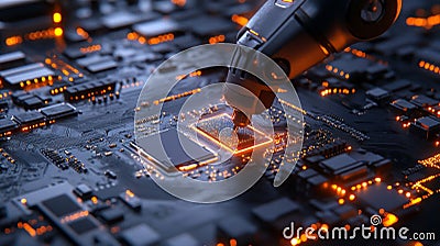 Robotic Arm Installing Microchip on Circuit Board Stock Photo