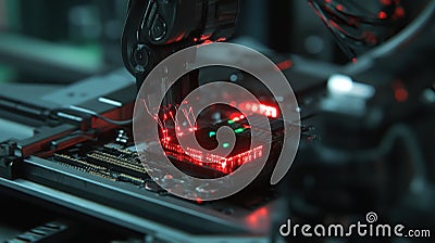 Robotic arm installing microchip on motherboard in automated manufacturing process Stock Photo