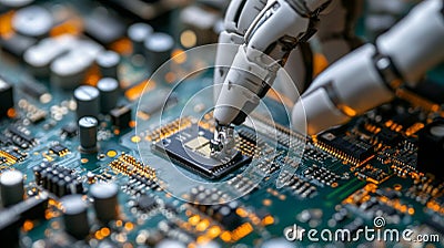 Robotic Arm Installing Microprocessor On Circuit Board Stock Photo