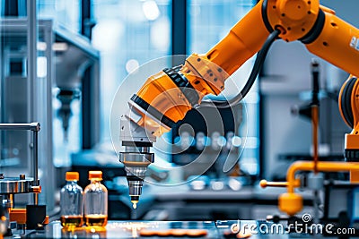 Robotic arm in lab adjusting components autonomously, decision-making based on real-time data without human commands. Sovereign AI Stock Photo