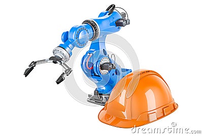 Robotic arm with orange hard hat, 3D rendering Stock Photo