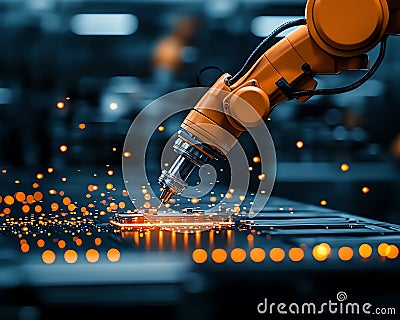 Robotic arm performs precision work creating sparks in a modern factory setting Stock Photo