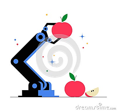 Robotic Arm Picking Apple In Flat Vector Illustration Symbolizing Automation, Artificial Intelligence, And Smart Farming Vector Illustration