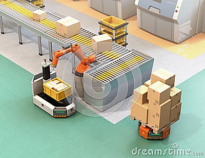 Robotic arm picking parcel from conveyor to AGV Stock Photo