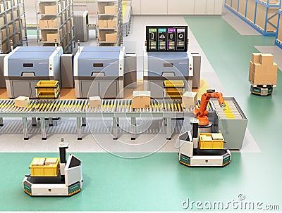 Robotic arm picking parcel from conveyor to AGV Stock Photo