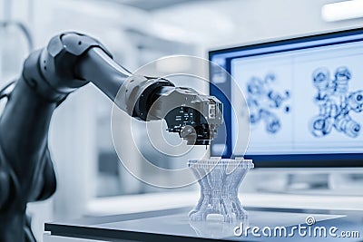 Robotic arm scans 3D printed mechanical part in factory. High tech industrial 3D scanning process. Automated quality control Stock Photo