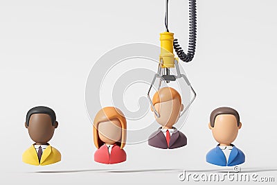 Robotic arm selecting candidate among diverse applicants. 3D Rendering Stock Photo