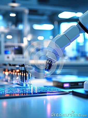 A robotic arm a symbol of automation and precision performs delicate tasks in a clean and modern laboratory environment The arm Stock Photo