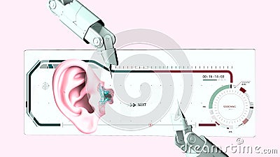 Robotic arm and transparent display. Hud. Ear study. Hearing problems and solutions. Ultrasound. Deafness. Stock Photo
