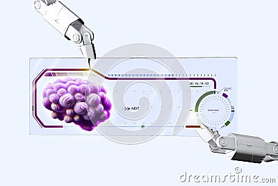 Robotic arm and transparent display. hud. Study of brain. Memory lapses, forgetting things, degenerative disease. Stock Photo