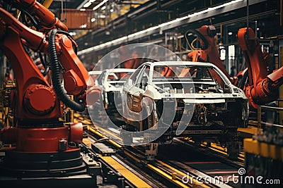 With robotic arm welding pieces of the car ai created Stock Photo