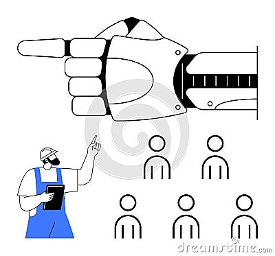Robotic Arm and Worker Pointing, Managing Human Resources for Advanced Automation Integration Vector Illustration