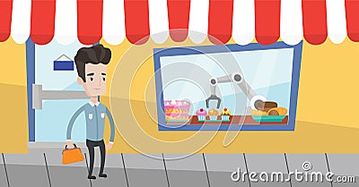 Robotic arm working at the bakery shop. Vector Illustration