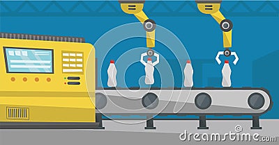 Robotic arm working on conveyor belt with bottles. Vector Illustration