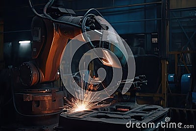 Robotic arm works on welding. Conveyor line at factory. Automatic welding. Created with Generative AI Stock Photo
