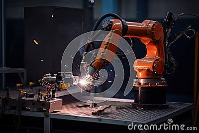Robotic arm works on welding. Conveyor line at factory. Automatic welding. Created with Generative AI Stock Photo