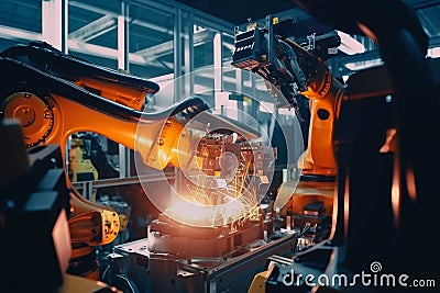 Robotic arms assembling car parts in a factory, increasing efficiency and precision Stock Photo