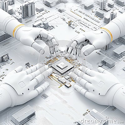 Robotic arms assembling microchip in high tech setting showcasing innovation precision symbiosis of engineering advanced Cartoon Illustration