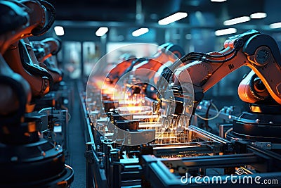 Robotic arms efficiently work on a conveyor belt in a factory, handling production tasks efficiently, Precision robotic arms Stock Photo