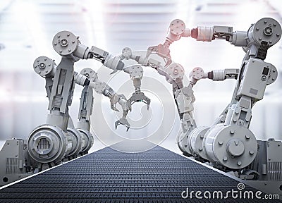 Robotic arms with empty conveyor belt Stock Photo