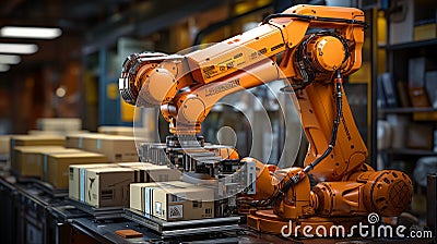 Robotic Arms Handling Boxes and Packing Boxes in Industrial Factory, generative AI Stock Photo