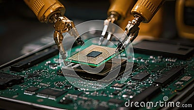 Robotic arms in semiconductors and computer manufacturing, building Ai microchips and circuit boards, quantum computing nano Stock Photo