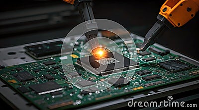 Robotic arms in semiconductors and computer manufacturing, building Ai microchips and circuit boards, quantum computing nano Stock Photo