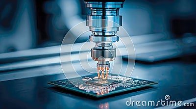 Robotic arms in semiconductors and computer manufacturing, building Ai microchips and circuit boards, quantum computing nano Stock Photo