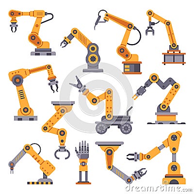 Robotic arms set. Manufacturing automation technology. Industrial robot arm machine. Factory assembly robots flat design Vector Illustration