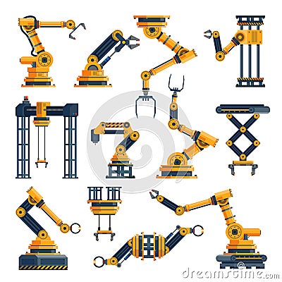 Robotic arms. Technological factory equipments elements, automatic electronic manipulators system, robotic technology Vector Illustration