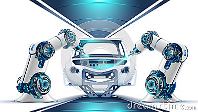 Robotic arms. cars factory. Industrial robotic welders weld. car on assembly line. Vector Illustration