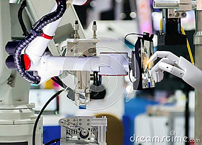 Robotic artificial automated manufacturing smart robot touch screen tablet Stock Photo
