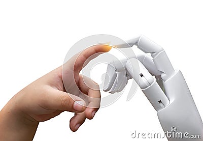 Robotic artificial intelligence future transition child human hand finger hit robot hand press Stock Photo