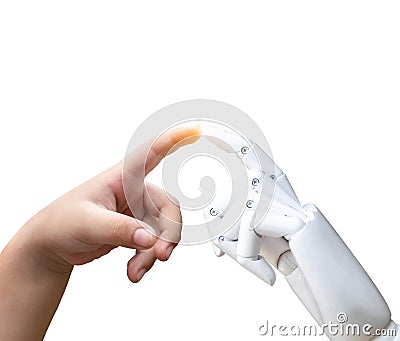 Robotic artificial intelligence future transition child human hand finger hit robot hand press Stock Photo