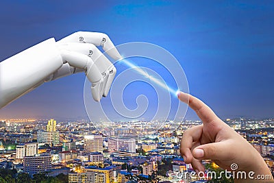 Robotic artificial intelligence future transition child human hand finger hit robot Stock Photo