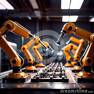 Robotic automatic servo arms for automated assembly line in factory Stock Photo