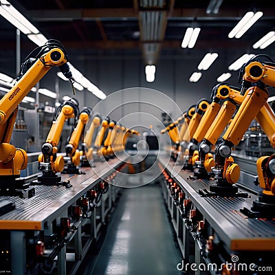 Robotic automatic servo arms for automated assembly line in factory Stock Photo