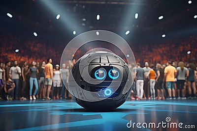 A robotic ball is sitting on a stadium floor in front of people. AI Generated Stock Photo