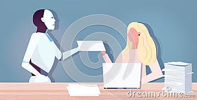 robotic boss giving documents to overworked businesswoman with paper stack artificial intelligence technology paperwork Vector Illustration