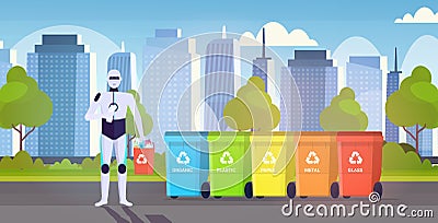 Robotic character holding plastic rubbish container near colorful trash cans artificial intelligence segregate waste Vector Illustration