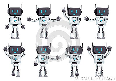 Robotic characters vector set design. Robot characters in standing pose and waving gesture isolated. Vector Illustration