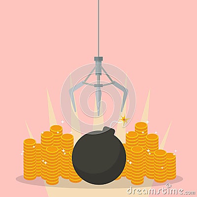 Robotic claw clutching a bomb against money Vector Illustration