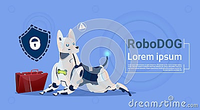 Robotic Dog Protecting Data Cute Domestic Animal Database Safety System Modern Robot Pet Artificial Intelligence Concept Vector Illustration