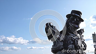 Robotic droids head and shoulders. Footage. Droid robot on background of sky with clouds. Technology concept Stock Photo