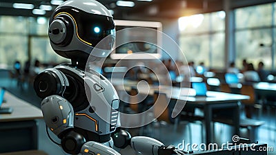 A robotic educator teaching students in a futuristic classroom setting. Generative by AI Stock Photo