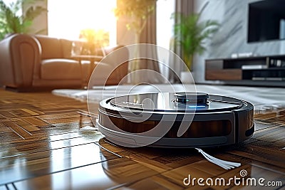 Robotic efficiency Smart vacuum cleaner autonomously cleans living room space Stock Photo