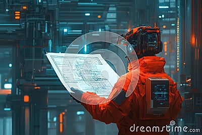 Robotic engineer adjusts robotic arms while reviewing blueprints in automation plant. Generative AI Stock Photo